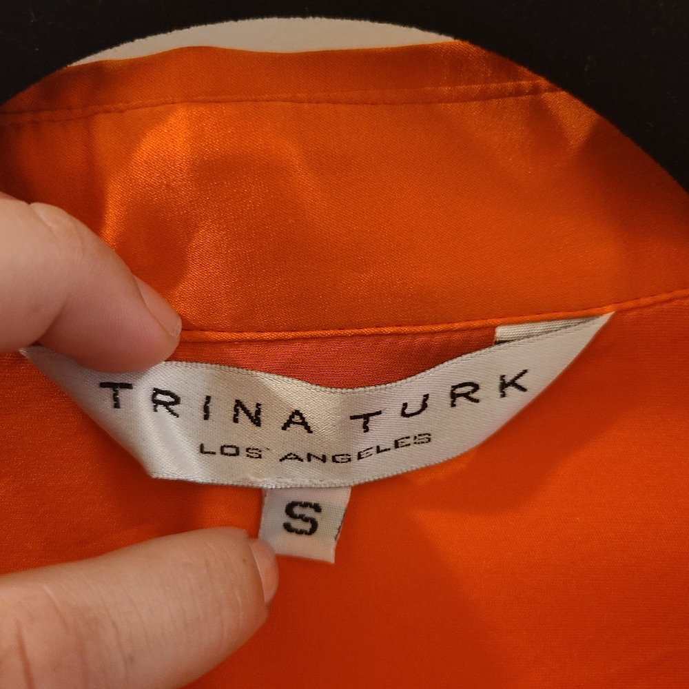 Trina Turk Los Angeles Orange Silk V Neck Long Sleeve Blouse Jeweled Cuffs Small - Picture 7 of 10